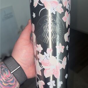 Starbucks Silver Tumbler with Pink Floral Design